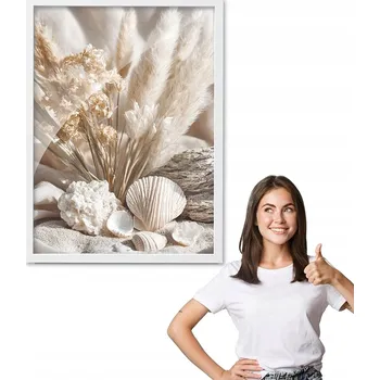 Obraz Obraz s rámem, vzor BOHO mušle a peří + bílý rámeček 50x70 do kuchyně, jídelny