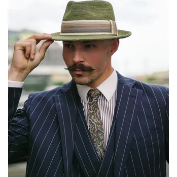 Klobouk Fiebig - Headwear since 1903 Trilby Raffia - slaměný khaki klobouk s barevnou stuhou Velikost: 57 cm (M)