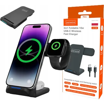 Bezdrátová nabíječka Zenwire černá 3v1 15W USB-C Quick Charge