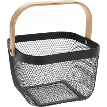 Úložný box Drátěný košík s březovou rukojetí černý (25x24.5x18 cm)