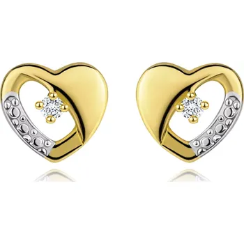 Náušnice Náušnice ze 14K zlata - souměrné dvoubarevné srdíčko s diamantem a výřezem