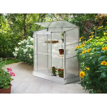 Skleník Balkonový skleník stříbrný hliníkový rám polykarbonátové panely s policemi posuvné dveře UV ochrana Beliani