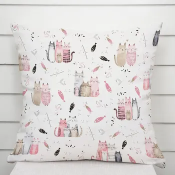 Povlak na dekorativní polštářek Dětský bavlněný povlak na polštář Sandra SA-654 Kočičí svět růžovo-hnědý na bílém 40 x 40 cm