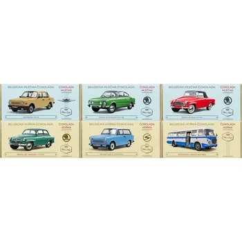 Čokoláda Čokoláda RETRO AUTA 6x 100 g mléčná & hořká MIX - AKCE !!! (retro čokoláda s automobily / mix různých motivů 6 ks / mix mléčná a hořká v různém poměru / 1 ks = 99,- Kč / motivy do poznámky)