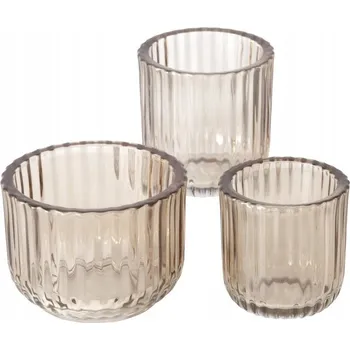 Svícen SKLENĚNÉ SVÍCNY BÉŽOVÉ - SADA TŘÍ VELIKOSTÍ PRO DEKORACI INTERIÉRU