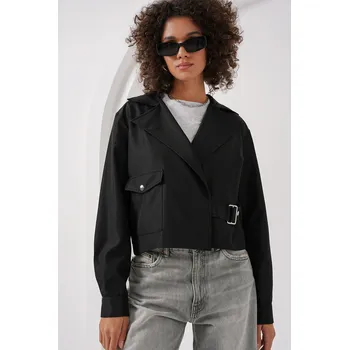 Dámský kabát Umay Černý elegantní trenčkot s přezkou Velikost: L