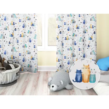 ubrus Dětský bavlněný závěs Sandra SA-653 Kočičí svět modrý na bílém 150x140 cm