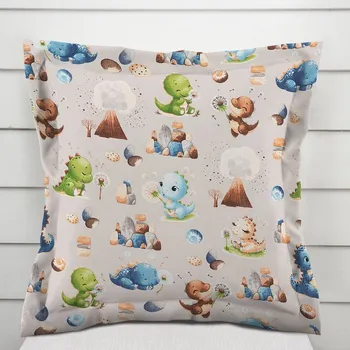 Povlak na polštářek Dětský bavlněný povlak na polštář s lemem Sandra SA-656 Modro-zeleno-hnědí dinosauříci na světle šedém 30 x 50 cm