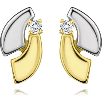 Náušnice Zlaté 14K náušnice s blýskavým diamantem, dvoubarevné oblouky, puzetky
