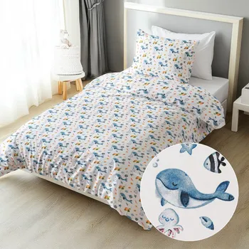 Povlečení Dětské bavlněné ložní povlečení Sandra SA-660 Modré velryby a mořská zvířátka na bílém Prodloužené 140x220 a 70x90 cm