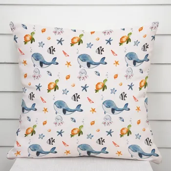 Povlak na polštářek Dětský bavlněný povlak na polštář Sandra SA-660 Modré velryby a mořská zvířátka na bílém 50 x 50 cm