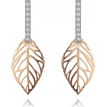 Náušnice Náušnice v kombinovaném 14K zlatě - pás čirých zirkonků, vyřezávaný list