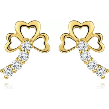 Náušnice Zlaté diamantové náušnice 14K - trojlístek s třpytivým stonkem, čiré brilianty