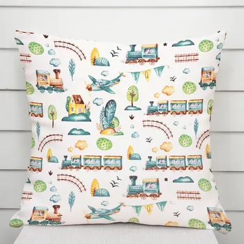 Povlak na polštářek Dětský bavlněný povlak na polštář Sandra SA-659 Modrozelené vláčky s letadýlky na bílém 50 x 50 cm