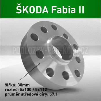 Tuning Podložka pod kola ŠKODA Fabia II, šíře 30mm, rozteč 5x100, střed 57,1 - průchozí, 1ks (Rozšiřovací podložka pro vozy Škoda Fabia II, r.v.07-14)