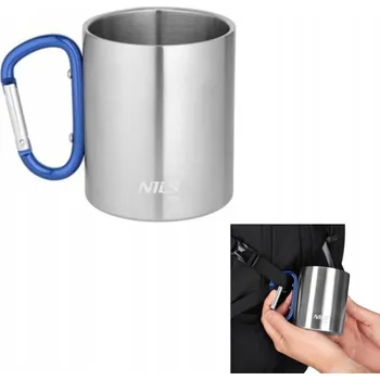 Outdoorový hrnek 300 ml stříbrný s modrou karabinou Nils Camp