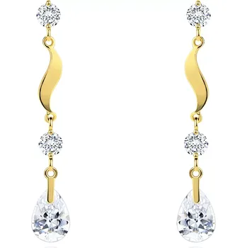 Náušnice Zlaté náušnice 585 - dva kulaté čiré zirkony, vlnka a čirá blýskavá slza