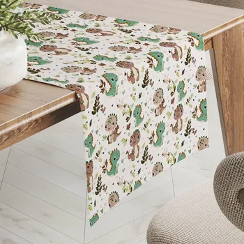 ubrus Dětský bavlněný běhoun na stůl Sandra SA-657 Zeleno-hnědí dinosauříci na bílém 20x140 cm
