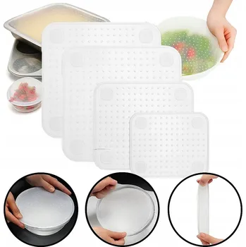 Dóza na potraviny UNIVERZÁLNÍ SILIKONOVÁ VÍČKA NA POTRAVINY 4ks TĚSNÉ UZÁVĚRY NÁDOB ČTVEREC