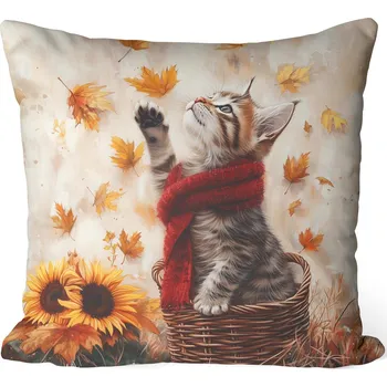 Dekorativní polštářek PODZIMNÍ POVLEČENÍ NA DEKORAČNÍ POLŠTÁŘ 40X40 CM KOČKA PODZIM LISTÍ 457