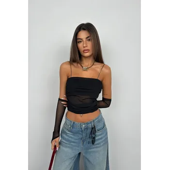 Black Fashion NOIR MESH TOP – černý tylový top s dlouhými návleky Velikost: L