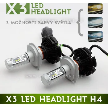 Autožárovka LED HEADLIGHT H4 - X3 6000LM 50W IP67 - 3000K / 6500K / 8000K (LED žárovka do předních světlometů)