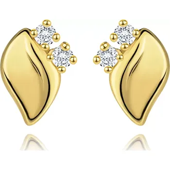 Náušnice Diamantové náušnice ze žlutého 14K zlata - dva čiré brilianty, lesklý lísteček