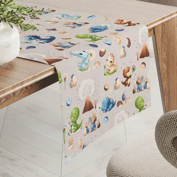 ubrus Dětský bavlněný běhoun na stůl Sandra SA-656 Modro-zeleno-hnědí dinosauříci na světle šedém 35x120 cm