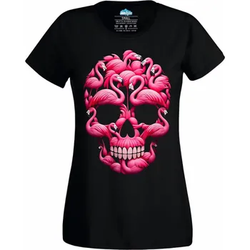 Dámské tričko Tropická Lebka z Plameňáků (Velikost: 4XL, Barva: Černá)