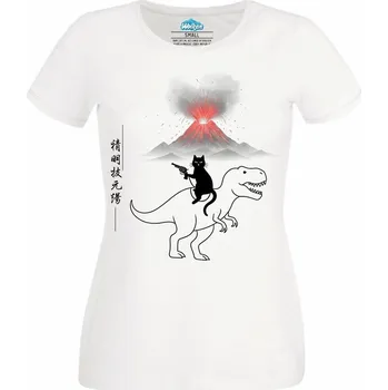 Dámské tričko Dámské tričko Kočka na T-Rexovi Erupce Sopky (Velikost: XL, Barva: Bílá)