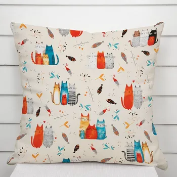 Povlak na polštářek Dětský bavlněný povlak na polštář Sandra SA-655 Kočičí svět modro-červený na krémovém 50 x 60 cm