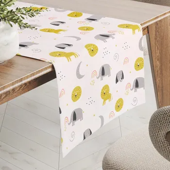 ubrus Dětský bavlněný běhoun na stůl Sandra SA-649 Sloni a lvi na bílém 45x120 cm