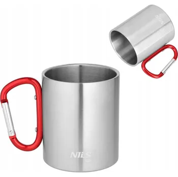 Biwakový hrnek stříbrný s červenou karabinou 300 ml Nils Camp