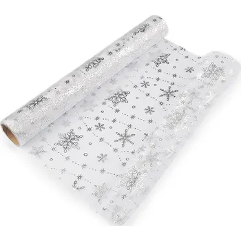Vánoční organza s potiskem - vločka, šíře 36 cm, barva 1 stříbrná