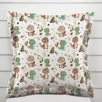 Povlak na polštářek Dětský bavlněný povlak na polštář s lemem Sandra SA-657 Zeleno-hnědí dinosauříci na bílém 50 x 60 cm