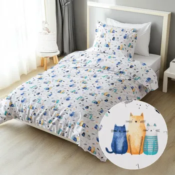 Povlečení Dětské bavlněné ložní povlečení Sandra SA-653 Kočičí svět modrý na bílém Jednolůžko 140x200 a 70x90 cm