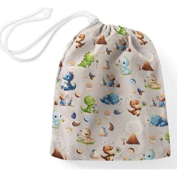 Školní sáček Bavlněný pytlík/sáček na přezůvky Sandra SA-656 Modro-zeleno-hnědí dinosauříci na světle šedém