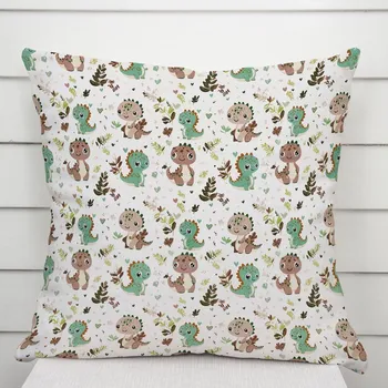 Povlak na dekorativní polštářek Dětský bavlněný povlak na polštář Sandra SA-657 Zeleno-hnědí dinosauříci na bílém 50 x 50 cm