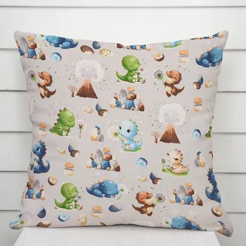 Povlak na polštářek Dětský bavlněný povlak na polštář Sandra SA-656 Modro-zeleno-hnědí dinosauříci na světle šedém 40 x 60 cm