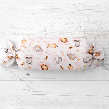 Dekorativní polštářek Dětský polštář válec bonbon Sandra SA-658 Africká zvířátka na růžových obláčcích na bílém 15x40 cm