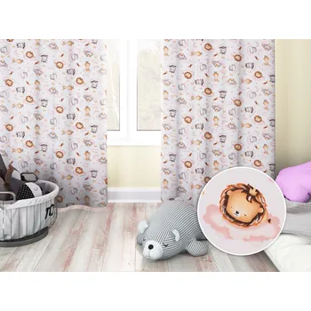 ubrus Dětský bavlněný závěs Sandra SA-658 Africká zvířátka na růžových obláčcích na bílém 150x140 cm