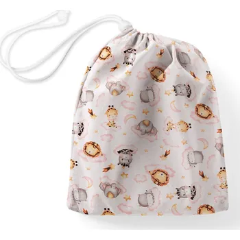 Školní sáček Bavlněný pytlík/sáček na přezůvky Sandra SA-658 Africká zvířátka na růžových obláčcích na bílém