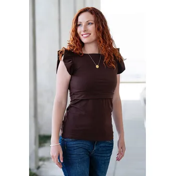 Těhotenská móda Krásná mamka Kojicí tričko volánky BAVLNA dark chocolate Velikost: L