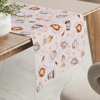 ubrus Dětský bavlněný běhoun na stůl Sandra SA-658 Africká zvířátka na růžových obláčcích na bílém 20x120 cm