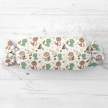 Dekorativní polštářek Dětský polštář válec bonbon Sandra SA-657 Zeleno-hnědí dinosauříci na bílém 15x40 cm