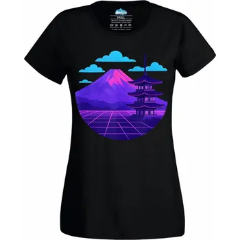 Dámské tričko Dámské tričko Pagoda a Hora Fudži Vaporwave (Velikost: 4XL, Barva: Černá)