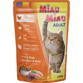 Krmivo pro kočku Miau Miau Cat kuřecí a játra, kapsa 100 g (24 ks)