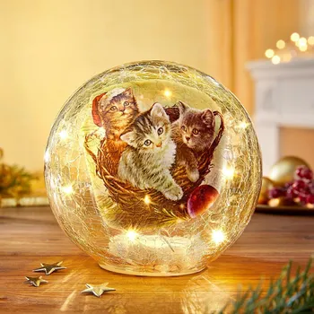 Vánoční dekorace LED skleněná koule Vánoční kočičí zátiší béžová
