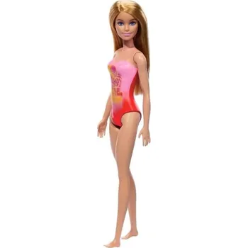 Panenka Mattel Barbie: Pláž - Panenka s blond vlasy v růžových plavkách s palmovým vzorem (HPV19)