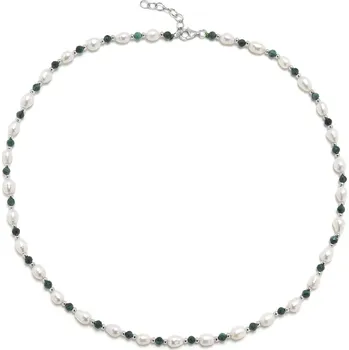 Náhrdelník 4U Stříbrný náhrdelník s přírodním malachitem a perlami
